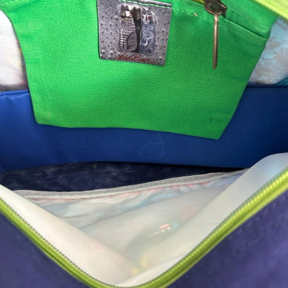 Laurel Burch Purse Shoulder Bag Colorful Vibrant Blue Dogs Sequins Canvas Tote - Picture 10 of 16